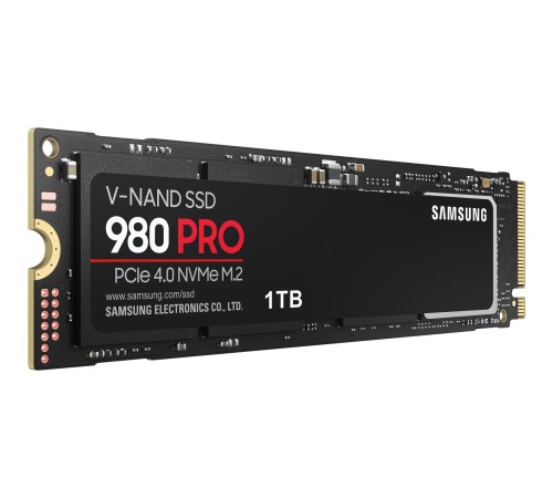 Твердотельные накопители/ Samsung SSD 980 PRO, 1000GB, M.2(22x80mm), NVMe 1.3c, PCIe 4.0 x4, 3-bit MLC, R/W 7000/5000MB/s, IOPs 1 000 000/1 000 000, DRAM buffer 1024MB, TBW 600, DWPD 0.33 (12 мес.)