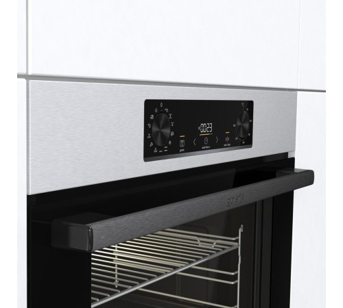 Встраиваемые электрические духовки 60 см GORENJE/ BOB6737E01X, Духовой шкаф, Полезный объем: 77 л, Стандартный шарнир дверцы, Решетка, Съемные направляющие, Дверца CompactDoor: 2 стекла + 1 термослой, Защитное покрытие Antifinger, Габаритные размеры (вхшх