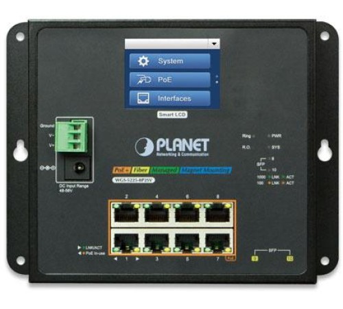 коммутатор/ PLANET IP30, IPv6/IPv4, L2+ 8-Port 10/100/1000T 802.3at PoE + 2-Port 1G/2.5G SFP Wall-mount Managed Switch with LCD touch screen (-20~70 degrees C, dual power input on 48-56VDC terminal block and power jack, ERPS Ring, 1588, Modbus TCP, ONVIF,