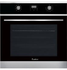 Встраиваемый духовой шкаф EVELUX 60 см, 9 режимов,  71л, утапливаемые переключатели, дисплей Snow White, панель управления -  черное стекло, нержавеющая сталь, универсальный противень, решетка-гриль,  телескопические направляющие 1 уровень, двойное стекло