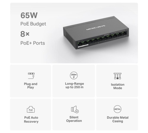 Коммутатор/ 10-Port 10/100Mbps Desktop Switch with 8-Port PoE+ Коммутатор/ 10-Port 10/100Mbps Desktop Switch with 8-Port PoE+