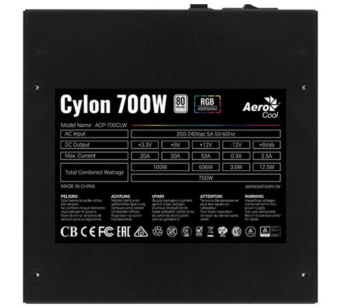 Блок питания Aerocool 700W Retail Cylon 700W, ATX v2.4, сертификат 80+, 13 режимов RGB-подсветки, 20+4P x1, 4+4P x1, PCIe 6+2P x4, PATA x3, SATA x5 Блок питания Aerocool 700W Retail Cylon 700W, ATX v2.4, сертификат 80+, 13 режимов RGB-подсветки, 20+4P x1, 4+4P x1, PCIe 6+2P x4, PATA x3, SATA x5