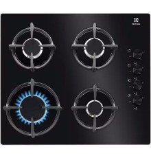 Встраиваемые газовые панели ELECTROLUX/ Газовая варочная поверхность -закаленное стекло, мощность: 7650 Вт, автоматический электроподжиг, газ-контроль, решетки: чугун, независимая установка, размеры (ШхГ): 58x51 см