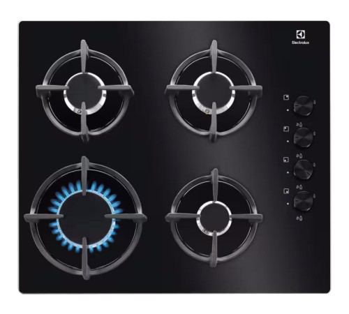 Встраиваемые газовые панели ELECTROLUX/ Газовая варочная поверхность -закаленное стекло, мощность: 7650 Вт, автоматический электроподжиг, газ-контроль, решетки: чугун, независимая установка, размеры (ШхГ): 58x51 см