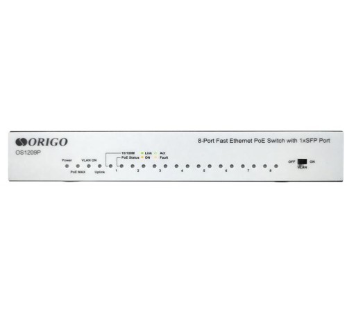 Коммутатор ORIGO Неуправляемый PoE-коммутатор, 8x100Base-TX PoE, 1x1000Base-X SFP, PoE-бюджет 80 Вт, корпус металл