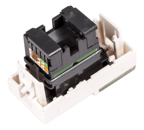 Вставка Mosaic 22.5x45, RJ-45 UTP, кат.6, со шторкой и увеличенным окном маркировки, белая Вставка Mosaic 22.5x45, RJ-45 UTP, кат.6, со шторкой и увеличенным окном маркировки, белая
