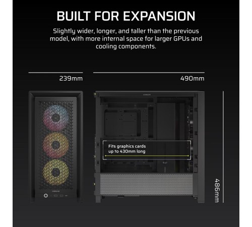 Корпус без блока питания/ Case Corsair Frame 4000D RS ARGB, Midi-Tower, TG, 3x120mm ARGB, 2xUSB-A 3.2, 1xUSB 3.2 Type-C, E-ATX, ATX, mATX, mITX Black