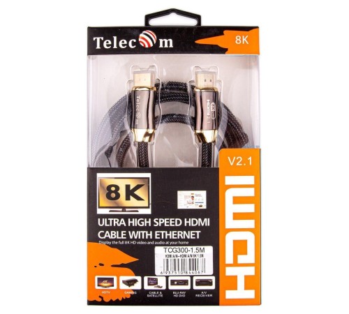 Кабель/ Кабель HDMI 19M/M,ver. 2.1, 8K@60 Hz 1.5m метал разъемы, нейлоновая оплетка Telecom <TCG300-1.5M>