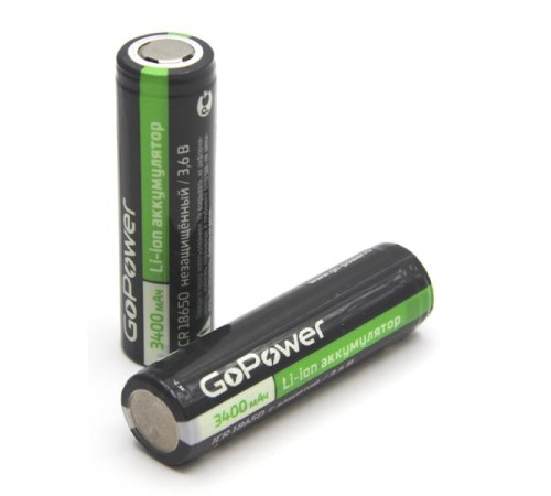 Аккумулятор Li-ion GoPower 18650 (Pan. NCR18650B) PC1 3.6V 3400mAh без защиты плос.конт. (1/96/192)