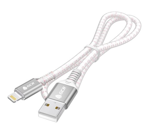 GCR Кабель 1.0m AM/Lightning LED для iPhone, iPad, Air, MFi, бело-розовый, AL case серебро, прозрачный ПВХ