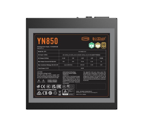 Блок питания ПК/ Power Supply PCCooler, 850W 80+ Gold (ATX, 3.1, PCIe 5.1 600W, Full modular, 1x24(20+4)pin 550mm, 2xCPU 8(4+4)pin 650mm, 3xPCIe 8(6+2)pin 500mm, 1x12V(2x6) 12+4pin 650mm, 3xSATA*3+MOLEX4pin*1 450+120+120+120mm , Active, 135x135mm, 150x150 Блок питания ПК/ Power Supply PCCooler, 850W 80+ Gold (ATX, 3.1, PCIe 5.1 600W, Full modular, 1x24(20+4)pin 550mm, 2xCPU 8(4+4)pin 650mm, 3xPCIe 8(6+2)pin 500mm, 1x12V(2x6) 12+4pin 650mm, 3xSATA*3+MOLEX4pin*1 450+120+120+120mm , Active, 135x135mm, 150x150