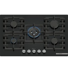 Встраиваемая газовая панель BOSCH Газовая варочная панель, 75см, закаленное стекло, черная, 5 конфорок, 1 WOK-конфорка c 2 контурами пламени, 1 конфорка повышенной мощности, FlameSelect, индивидуальные чугунные решетки, газ-контроль, автоматический электр