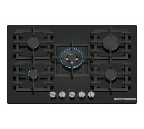 Встраиваемая газовая панель BOSCH Газовая варочная панель, 75см, закаленное стекло, черная, 5 конфорок, 1 WOK-конфорка c 2 контурами пламени, 1 конфорка повышенной мощности, FlameSelect, индивидуальные чугунные решетки, газ-контроль, автоматический электр