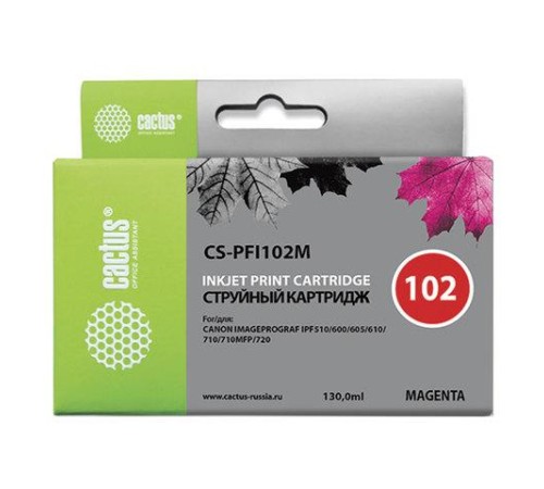 -/ Картридж струйный Cactus CS-PFI102M пурпурный (130мл) для Canon IP iPF500/iPF600/iPF700/MFP M40/iPF7