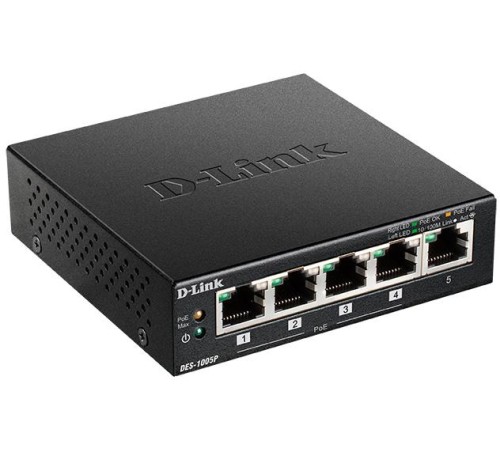 Коммутатор/ DES-1005P,DES-1005P/B Unmanaged Switch 5x100Base-TX (4x100Base-TX PoE), PoE Budget 60W, metal case