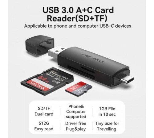 Картридер Vention USB 3.0 A+C (SD+TF) Черный Картридер Vention USB 3.0 A+C (SD+TF) Черный