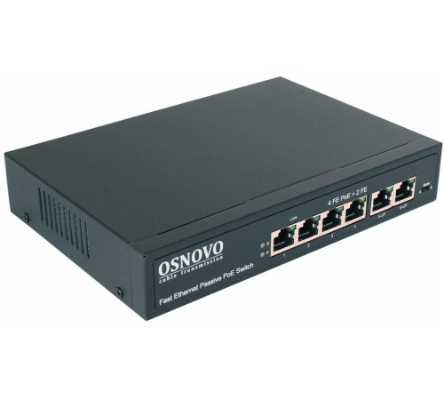 Коммутатор/ OSNOVO Passive PoE коммутатор 6 портов, 4 PoE порта 10/100 Base-T, 2*10/100 Base-T Uplink, до 30W на порт