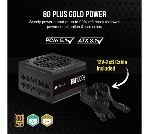 Блоки питания/ Power Supply Corsair RM1000e, Model RPS0179, 1000W 80+ Gold (ATX, 3.0, PCIe 5.0, Full modular, 1x24(20+4)pin, 2 x 4+4-pin ATX 12V, 4 x 4-pin Molex, 6 x 6+2-pin PCIe, 7 x SATA, Active, 120x120mm, 150x140x86mm, APFC, Power cable-UK, black) Блоки питания/ Power Supply Corsair RM1000e, Model RPS0179, 1000W 80+ Gold (ATX, 3.0, PCIe 5.0, Full modular, 1x24(20+4)pin, 2 x 4+4-pin ATX 12V, 4 x 4-pin Molex, 6 x 6+2-pin PCIe, 7 x SATA, Active, 120x120mm, 150x140x86mm, APFC, Power cable-UK, black)