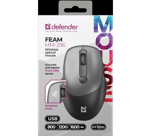 Defender Беспроводная оптическая мышь Feam MM-296 черный,4D,800-1600dpi,бесшумн