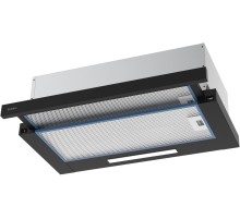 Вытяжка встраиваемая телескопическая EVELUX Встраиваемая телескопическая вытяжка, 60 см, отвод/циркуляция, механический контроль, 2 скорости работы, производительность 670 м3/ч, LED освещение, металл, черный, 598х305-495х201 мм.