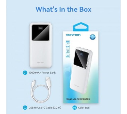 Power Bank Vention 10000mAh(M/C-A/A)22.5W Белый с LED Дисплеем Power Bank Vention 10000mAh(M/C-A/A)22.5W Белый с LED Дисплеем