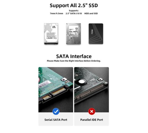 Внешний корпус для диска HDD/SSD Netac WH11 2.5 SATA to USB3.0 External HDD/SSD Case, Slide Transparent Cover, with USB3.0 C to C cable