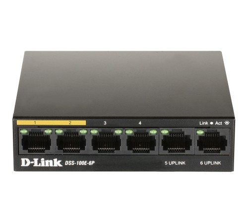 Коммутатор/ DSS-100E-6P Unmanaged Surveillance Switch 6x100Base-TX (4x100Base-TX PoE), Surge 6KV, PoE Budget 55W, Long-range PoE up to 250m, metal case
