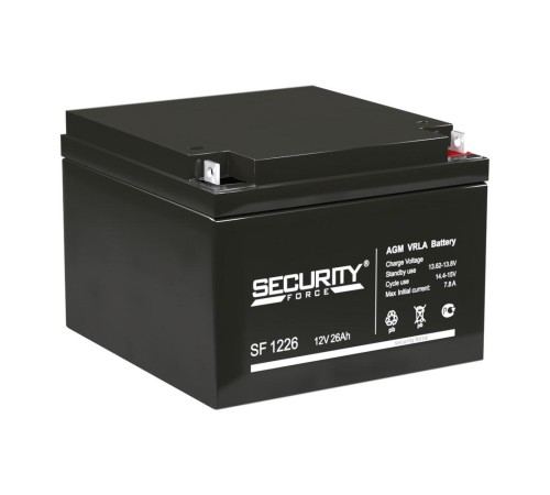Аккумуляторная батарея/ Battery SECURITY FORCE SF series, SF 1226, voltage 12V, capacity 26Ah (discharge 20 hours), max. Discharge current (5 sec.) 30A, max. charging current 7.8 A, lead-acid AGM type, terminals for nut and bolt M6, LxWxH 166x175x125mm.,