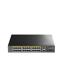Коммутатор/ 24-10/100/1000 BASE-T Gigabit ports, 2-Port 10/100/1000 BASE-T Gigabit Uplink ports, 2-1000 BASE-X SFP Slot, 24-port IEEE 802.3at PoE+ Injector, 300 watts total Power budget, Supports PoE power up to 30W for each PoE port, Extend Mode (Transmi
