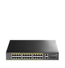 Коммутатор/ 24-10/100/1000 BASE-T Gigabit ports, 2-Port 10/100/1000 BASE-T Gigabit Uplink ports, 2-1000 BASE-X SFP Slot, 24-port IEEE 802.3at PoE+ Injector, 300 watts total Power budget, Supports PoE power up to 30W for each PoE port, Extend Mode (Transmi