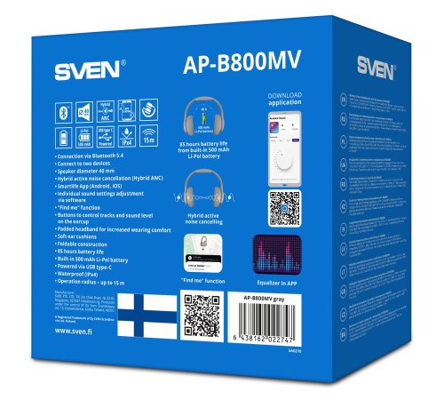 Беспроводные стереонаушники с микрофоном SVEN AP-B800MV, серый (Bluetooth, hybrid ANC, APP, 4 mics 500mAh) Беспроводные стереонаушники с микрофоном SVEN AP-B800MV, серый (Bluetooth, hybrid ANC, APP, 4 mics 500mAh)