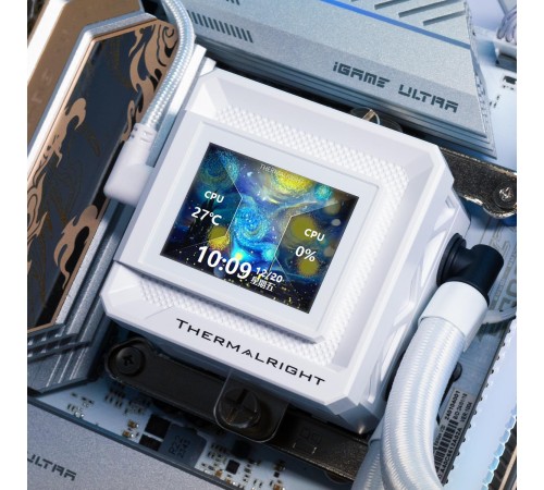 Водяное охлаждение для процессора/ Water Cooling System Thermalright Frozen Warframe SE 360 ARGB White (360mm, LED temp., Black, ARGB/ Fans: 3x120mm, 70.84CFM, 29.8dBA, 2000RPM/ Pump height 59mm, Rad thickness 27mm/ S: 1851, 1700, 1200, 115X, AM5, AM4) Водяное охлаждение для процессора/ Water Cooling System Thermalright Frozen Warframe SE 360 ARGB White (360mm, LED temp., Black, ARGB/ Fans: 3x120mm, 70.84CFM, 29.8dBA, 2000RPM/ Pump height 59mm, Rad thickness 27mm/ S: 1851, 1700, 1200, 115X, AM5, AM4)