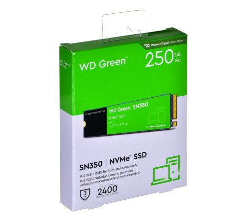 Твердотельный накопитель/ WD SSD Green SN350 NVMe, 250GB, M.2(22x80mm), NVMe, PCIe 3.0 x4, 3D TLC, R/W 2400/900MB/s, IOPs 160 000/150 000, TBW 40, DWPD 0.3 (12 мес.) Твердотельный накопитель/ WD SSD Green SN350 NVMe, 250GB, M.2(22x80mm), NVMe, PCIe 3.0 x4, 3D TLC, R/W 2400/900MB/s, IOPs 160 000/150 000, TBW 40, DWPD 0.3 (12 мес.)