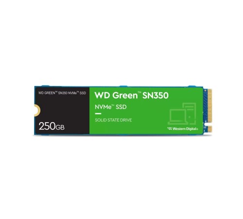 Твердотельный накопитель/ WD SSD Green SN350 NVMe, 250GB, M.2(22x80mm), NVMe, PCIe 3.0 x4, 3D TLC, R/W 2400/900MB/s, IOPs 160 000/150 000, TBW 40, DWPD 0.3 (12 мес.) Твердотельный накопитель/ WD SSD Green SN350 NVMe, 250GB, M.2(22x80mm), NVMe, PCIe 3.0 x4, 3D TLC, R/W 2400/900MB/s, IOPs 160 000/150 000, TBW 40, DWPD 0.3 (12 мес.)