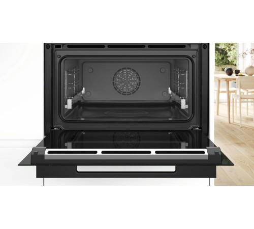 Встраиваемая электрическая духовка BOSCH Accent Line. Компактный духовой шкаф-пароварка, черный, 14 режимов + комбинированные режимы, функция приготовление на пару 100%, 4-слойное остекление, 3 цветных текстовых TFT-дисплея 2,5" с сенсорным управлени