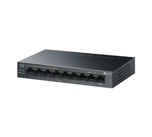 коммутатор TP-Link LS109P, 9-Port 10/100 Mbps Desktop Switch with 8-Port PoE+, 63 W, 250m