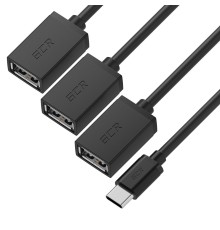 GCR Переходник USB Hub Type-C гибкий 0.35m разветвитель на 3 USB порта, СМ / 3 х AF, черный, GCR-55296