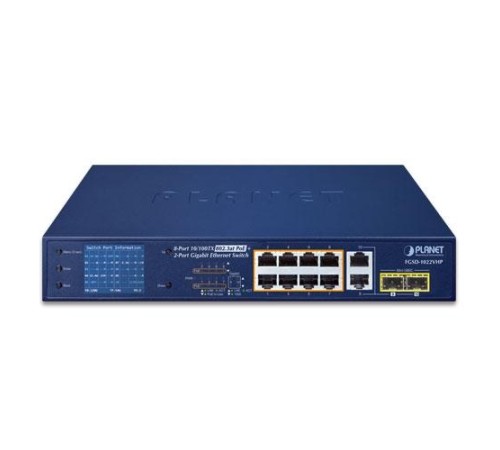 коммутатор/ PLANET 8-Port 10/100TX 802.3at PoE + 2-Port Gigabit TP/SFP combo Desktop Switch with LCD PoE Monitor(120W)