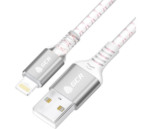 GCR Кабель 1.0m AM/Lightning LED для iPhone, iPad, Air, MFi, бело-розовый, AL case серебро, прозрачный ПВХ