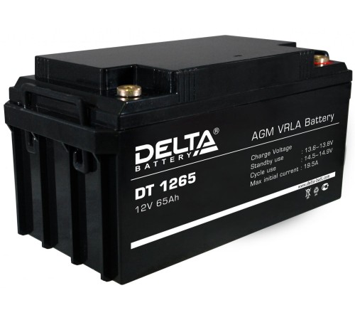 Батарея DELTA серия DT, DT 1265, напряжение 12В, емкость 65Ач (разряд 20 часов),  макс. ток разряда (5 сек.) 650А, макс. ток заряда 19.5А, свинцово-кислотная типа AGM, клеммы под болт М6, ДxШxВ 350х167х174мм., вес 21кг., срок службы 7-10 лет./ Battery DEL