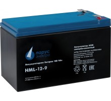 Батарея Парус Электро, профессиональная серия HML-12-9, напряжение 12В, емкость 9Ач (разряд 20 часов), макс. ток разряда (5сек) 135А, макс. ток заряда 3.6А, свинцово-кислотная типа AGM, клеммы F2, ДхШхВ 151х65х94мм., полная высота с клеммами 101мм., вес 2
