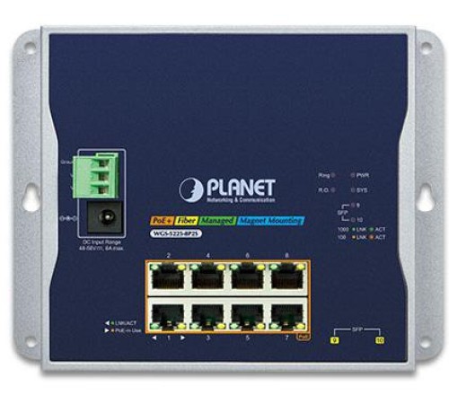 коммутатор/ PLANET WGS-5225-8P2S IP30, IPv6/IPv4, L2+ 8-Port 10/100/1000T 802.3at PoE + 2-Port 1G/2.5G SFP Wall-mount Managed Switch (-40~75 degrees C, dual power input on 48-56VDC terminal block and power jack, ERPS Ring, 1588, Modbus TCP, ONVIF, SNMPv3,