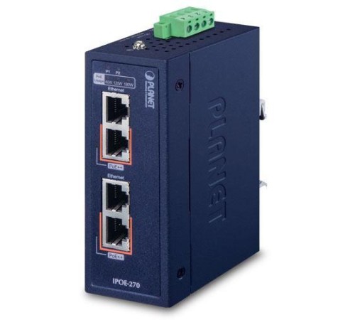 инжектор/ PLANET IPOE-270-12V IP30 Industrial 2-Port Multi-gigabit 802.3bt PoE++ Injector (180 Watts budget, PoE Usage LED, 10M/100M/1G/2.5G/5G speed, -40 to 75 C, dual 12V~56V DC power boost)