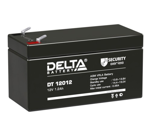 Батарея DELTA серия DT, DT 12012, напряжение 12В, емкость 1.2Ач (разряд 20 часов), макс. ток разряда (5 сек.) 19.5А, макс. ток заряда 0.36А, свинцово-кислотная типа AGM, клеммы F1, ДxШxВ 97х45х52мм., вес 0.55кг., срок службы 5 лет./ Battery DELTA series Батарея DELTA серия DT, DT 12012, напряжение 12В, емкость 1.2Ач (разряд 20 часов), макс. ток разряда (5 сек.) 19.5А, макс. ток заряда 0.36А, свинцово-кислотная типа AGM, клеммы F1, ДxШxВ 97х45х52мм., вес 0.55кг., срок службы 5 лет./ Battery DELTA series