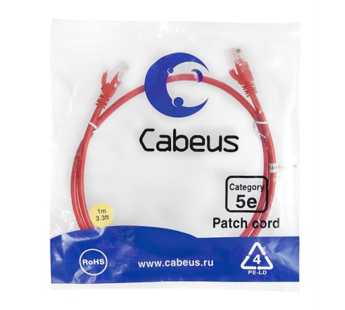 Патч-корд Cabeus PC-UTP-RJ45-Cat.5e-1m-RD-LSZH Патч-корд U/UTP, категория 5е, 2xRJ45/8p8c, неэкранированный, красный, LSZH, 1м