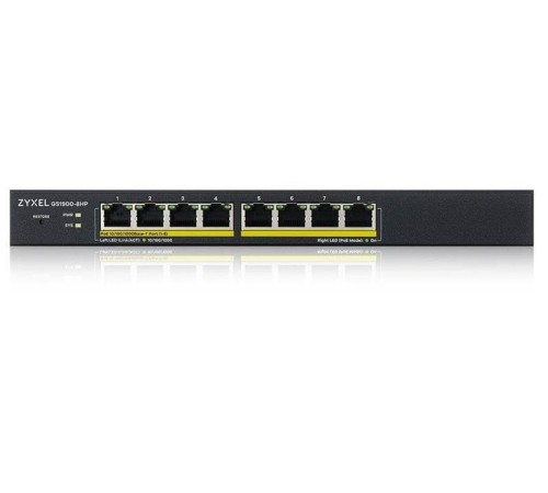 Коммутатор Smart L2 коммутатор PoE+ Zyxel GS1900-8HP, 8xGE PoE+, настольный, бесшумный, бюджет PoE 70 Вт