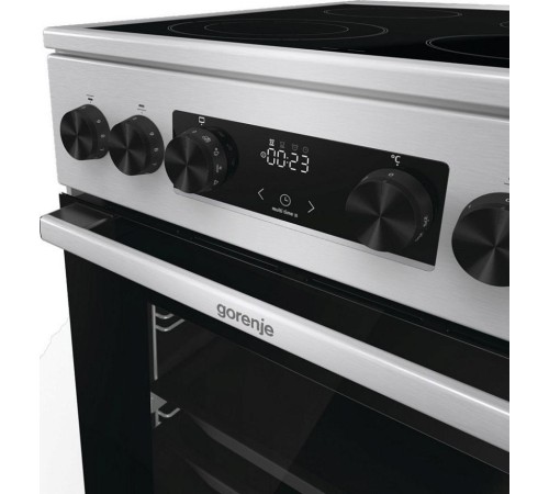 Плита GORENJE/ Стеклокерамическая плита, Цвет: Нержавеющая сталь, Материал дверцы: Стеклянная дверца, GentleClose: шарнир с плавным закрыванием дверцы духовки, Тип духовки: Мультифункциональная духовка, Стеклокерамическая варочная панель, Количество конфо