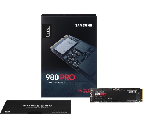 Твердотельные накопители/ Samsung SSD 980 PRO, 1000GB, M.2(22x80mm), NVMe 1.3c, PCIe 4.0 x4, 3-bit MLC, R/W 7000/5000MB/s, IOPs 1 000 000/1 000 000, DRAM buffer 1024MB, TBW 600, DWPD 0.33, with Heatsink (12 мес.)