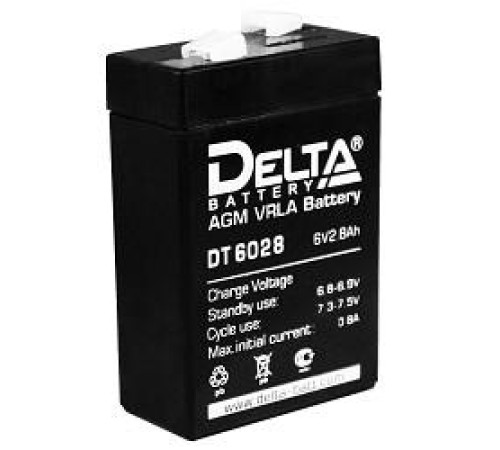 Батарея DELTA серия DT, DT 6028, напряжение 6В, емкость 2.8Ач (разряд 20 часов),  макс. ток разряда (5 сек.) 48А, макс. ток заряда 0.84А, свинцово-кислотная типа AGM, клеммы F1, ДxШxВ 66х33х97мм., вес 0.61кг., срок службы 5 лет./ Battery DELTA series DT,