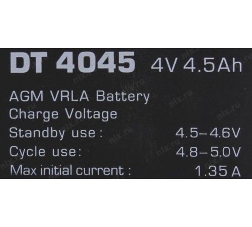 Батарея DELTA серия DT, DT 4045, напряжение 4В, емкость 4.5Ач (разряд 20 часов),  макс. ток разряда (5 сек.) 60А, макс. ток заряда 1.35А, свинцово-кислотная типа AGM, клеммы F1, ДxШxВ 70х47х101мм., вес 0.5кг., срок службы 5 лет./ Battery DELTA series DT,